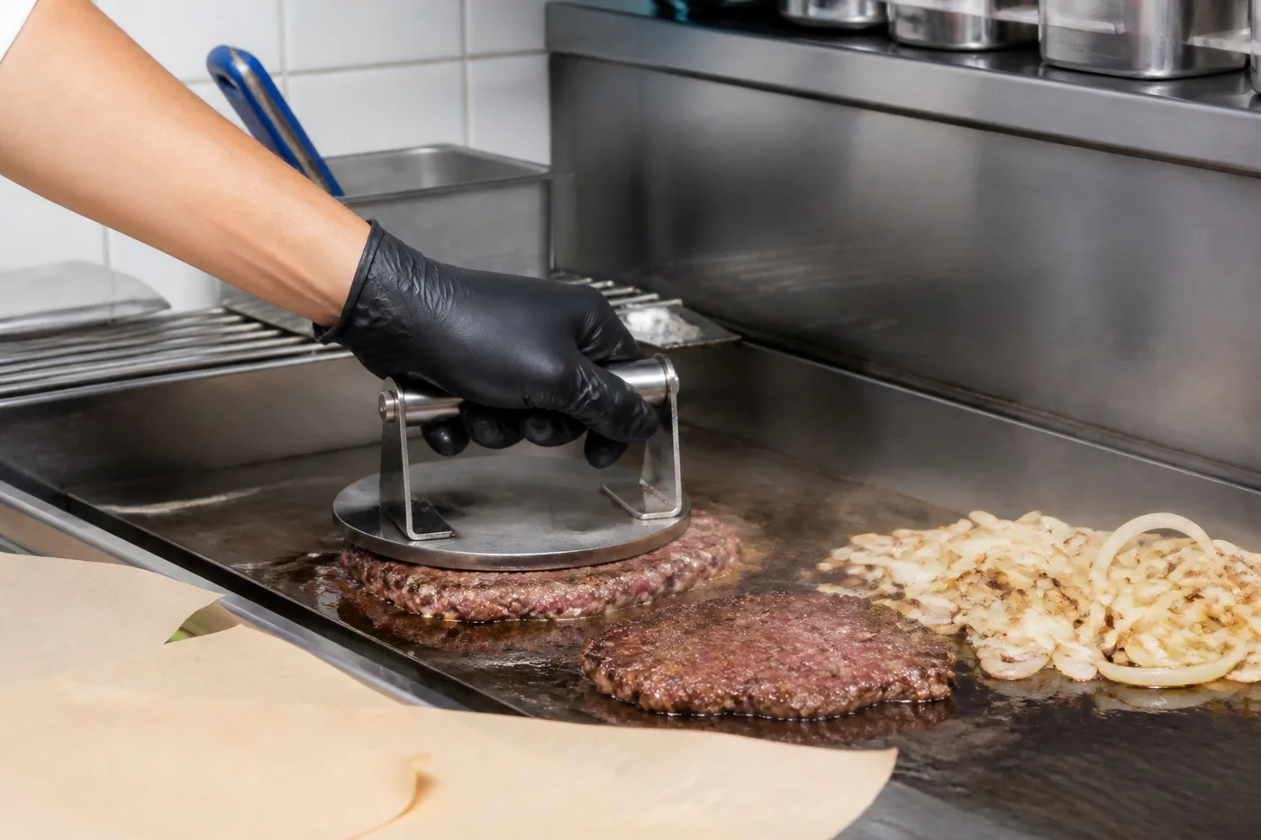 조리사가 철판에서 패티를 눌러 굽고 양파를 익히는 모습