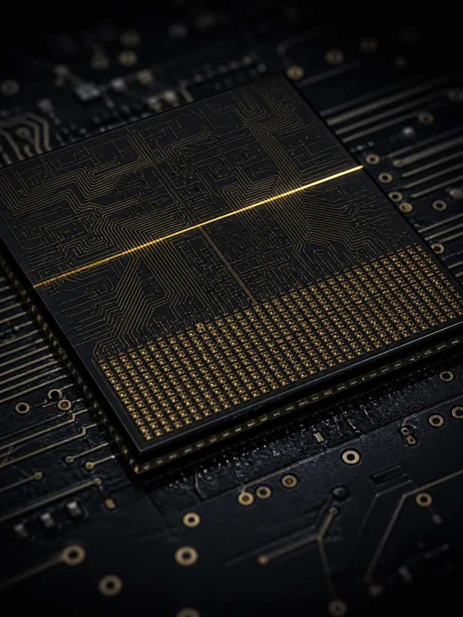 Illustrative neural-interface concept plate with dense gold traces and a micro-electrode grid at one edge