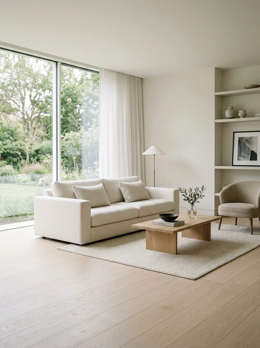 정밀 입주 케어가 완료된 미니멀한 프리미엄 주거 거실 전경