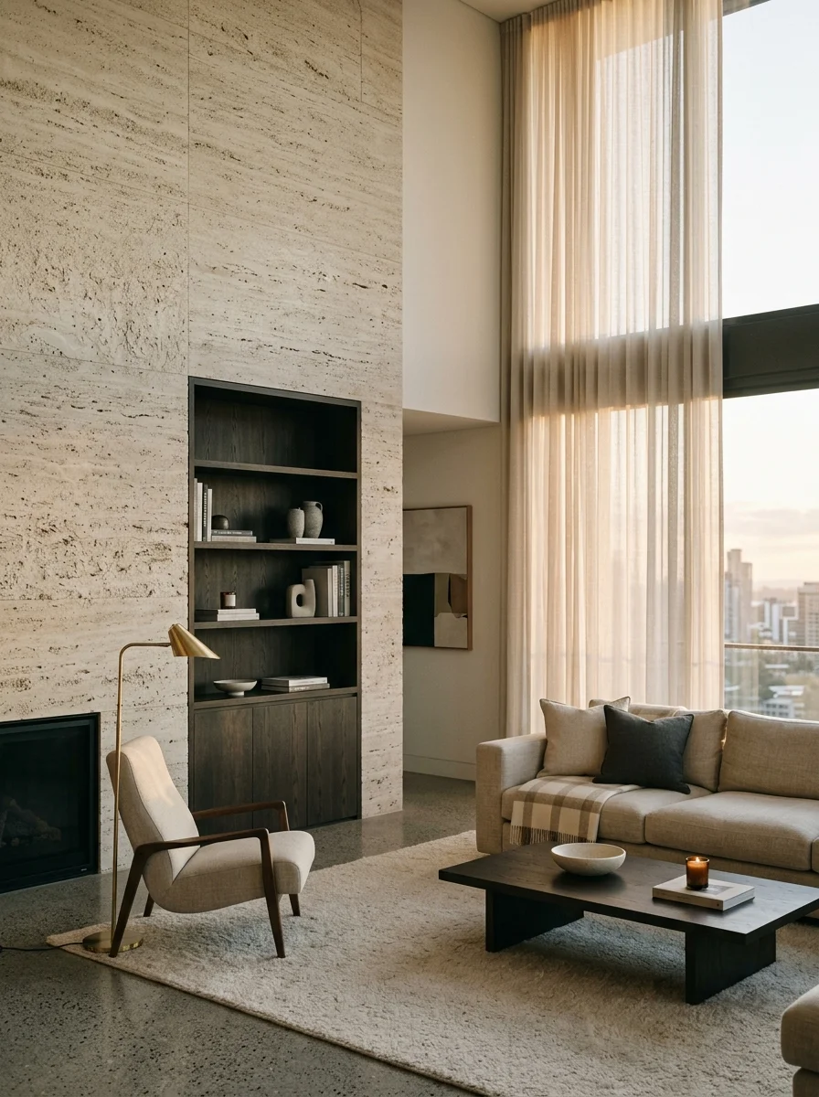 트래버틴 벽체와 훈증 오크 수납장이 있는 주거 공간 전경