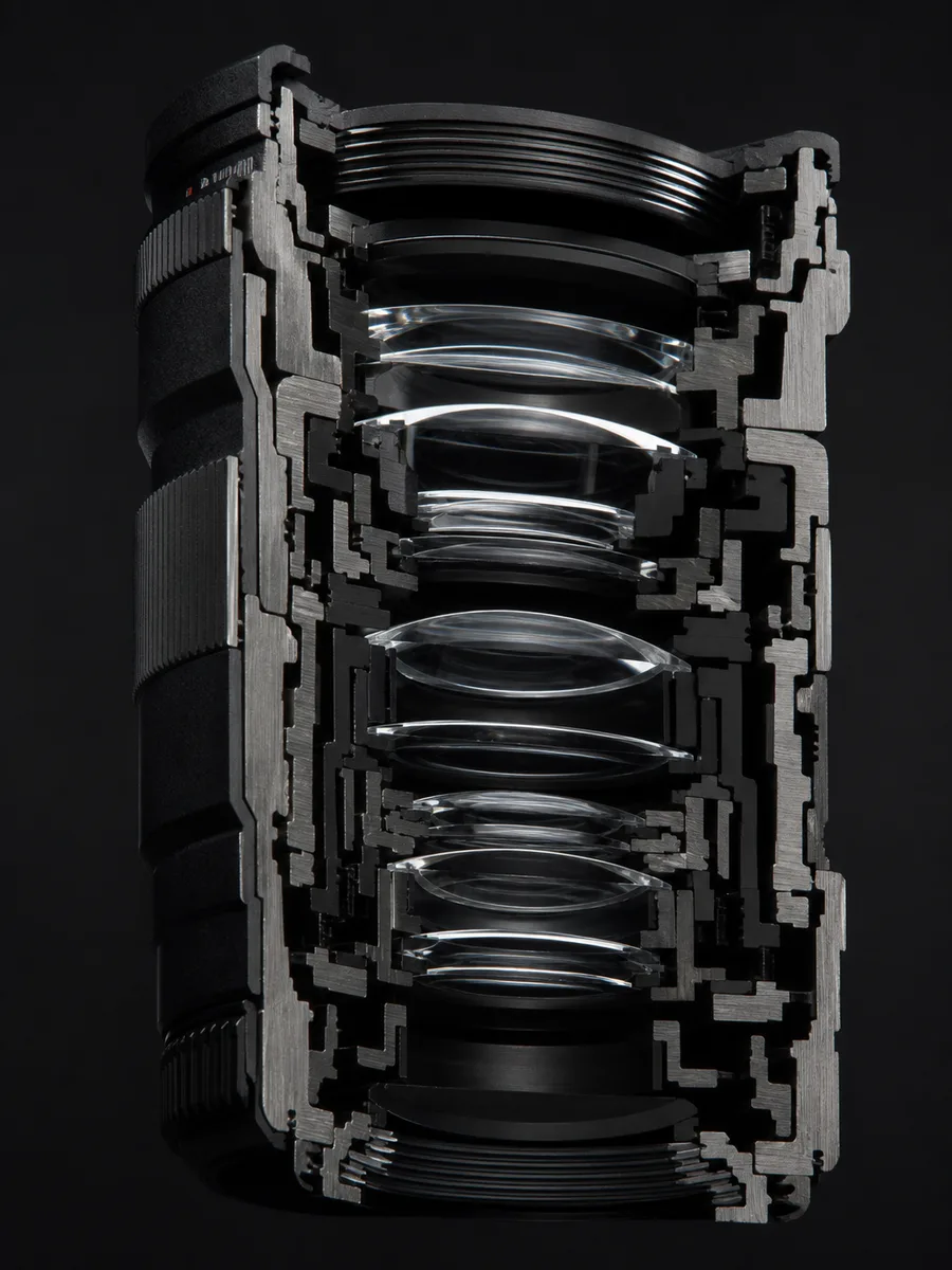 Illustrative lens cutaway: a stack of glass elements in a metal barrel, edge-lit to show refraction paths